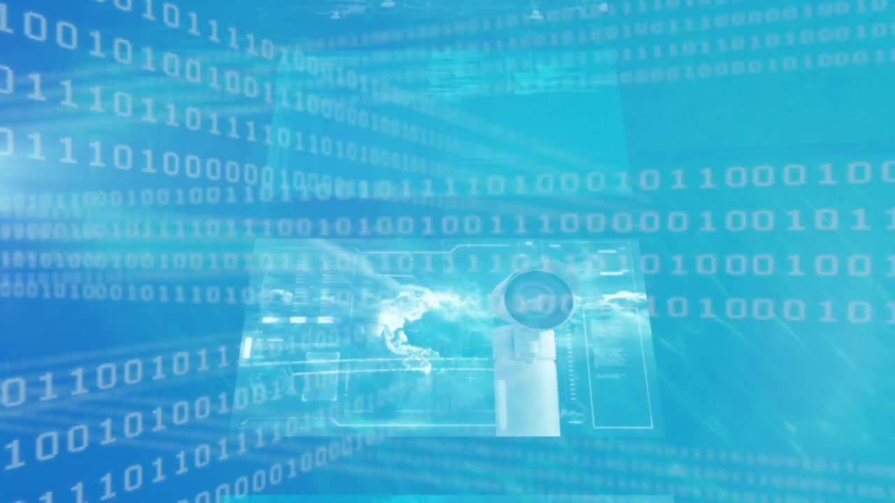 animación del procesamiento de datos y la codificación binaria en pantallas sobre fondo azul