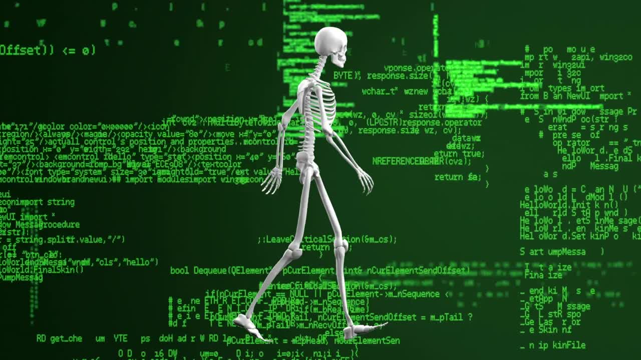 Animation of human skeleton model walking over data processing in green and black space