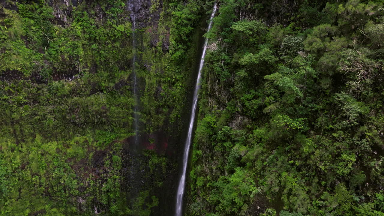 vista panorámica de la cascada levada caldeirao verde en madeira, portugal