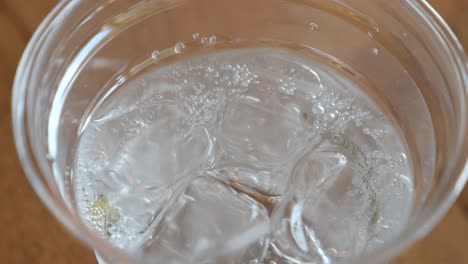 close-up of a glass of sparkling water with ice