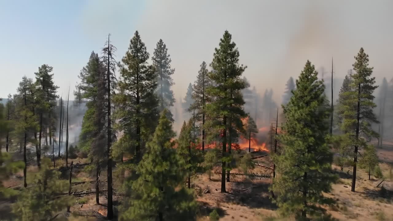 Intense Forest Fire Engulfs Pine Trees in a Dramatic Blaze, Highlighting the Destructive Power of Wildfires in Natural Landscapes