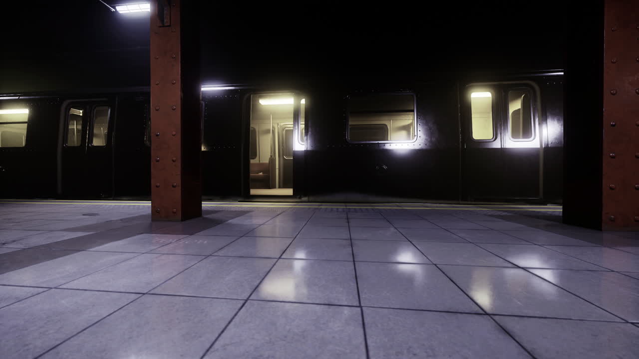 Empty subway platform at night with illuminated train doors in sight