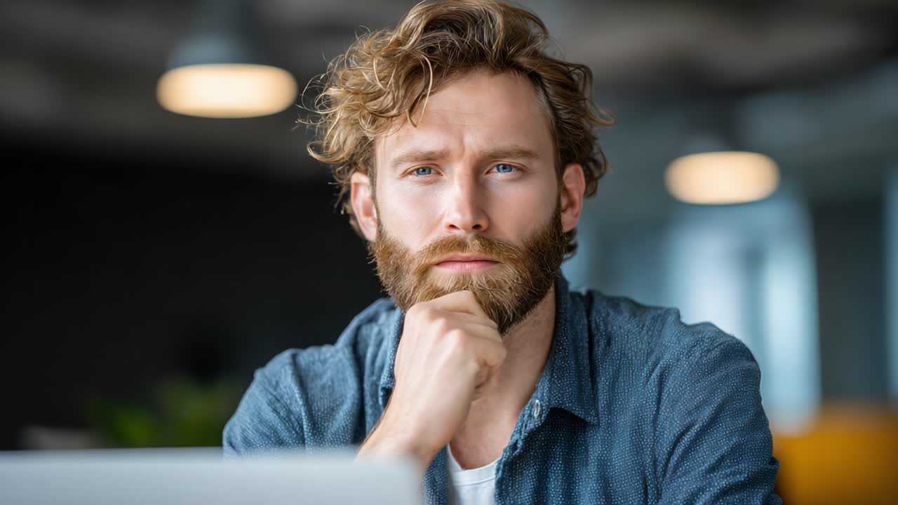Contemplative Portrait of a Thoughtful Young Man with a Beard in a Modern Office Setting, Reflecting on Ideas and Insights While Working on a Laptop
