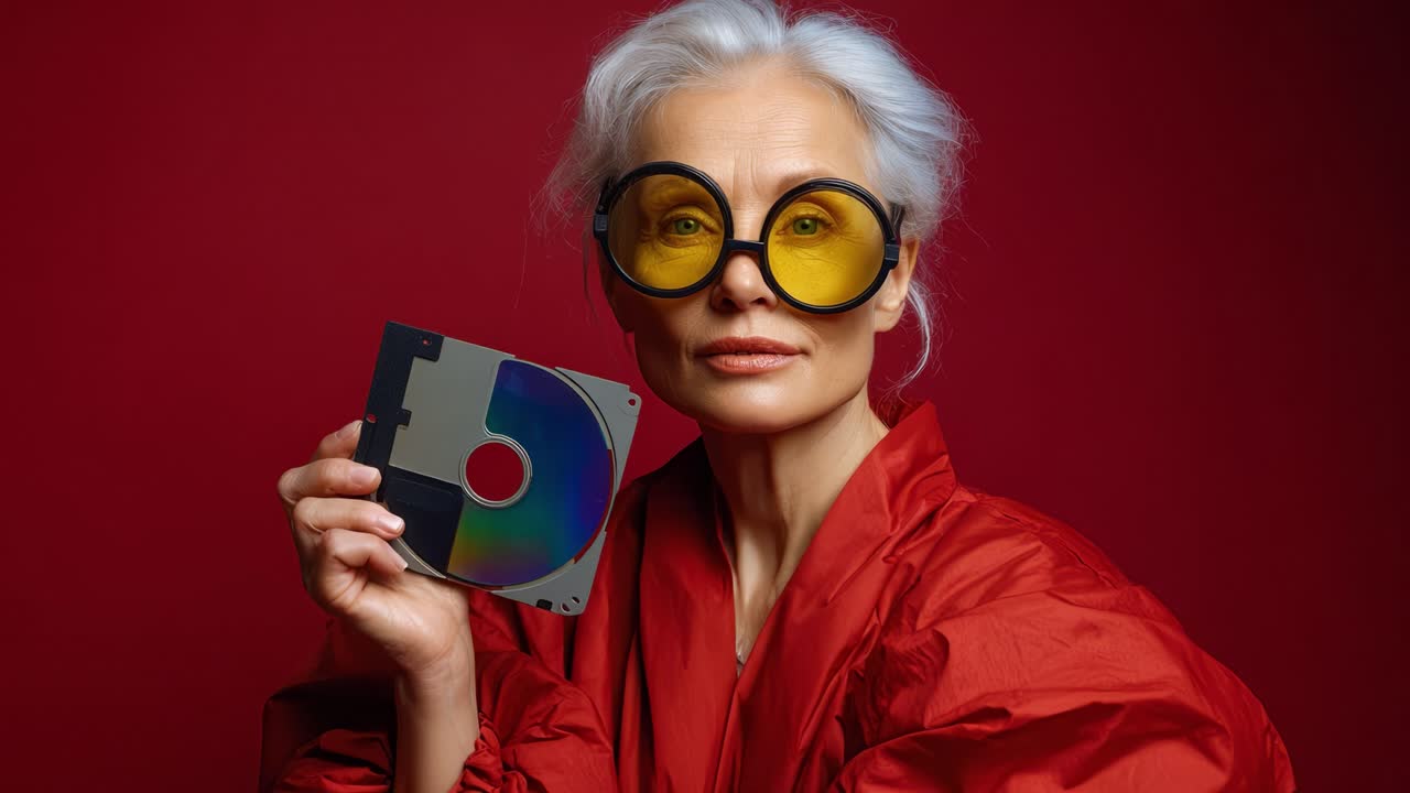 Una donna elegante con capelli argentati e occhiali gialli oversize tiene un CD colorato contro uno sfondo rosso acceso, enfatizzando le tendenze della moda vintage e la nostalgia.