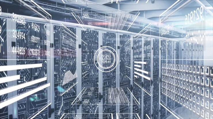 Animation of digital data patterns overlaying futuristic server room environment