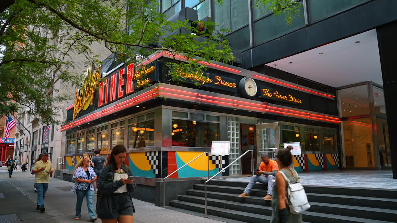 New York, USA, 1 August 2025: Brooklyn Diner neon sign in New York. Classic neon-lit Brooklyn Diner captures the retro charm of Manhattan's streets