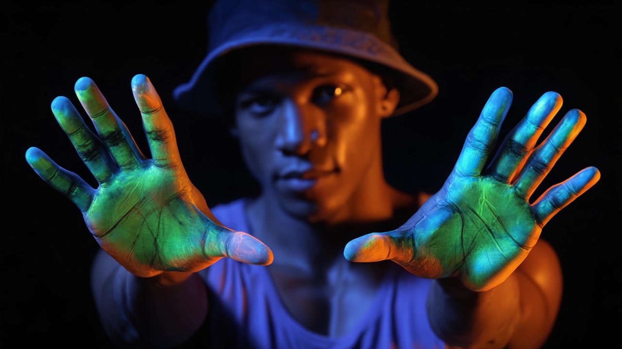 Ritratto suggestivo di una persona con vivaci impronte di mani al neon illuminate su uno sfondo scuro, che trasmettono espressione artistica e individualità.