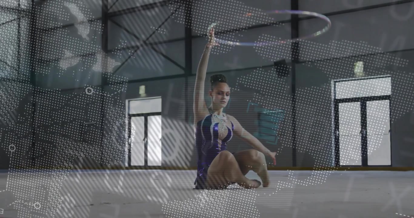Teen gymnast entering gymnasium, stepping onto performance mat and grabbing hoop for sports routine