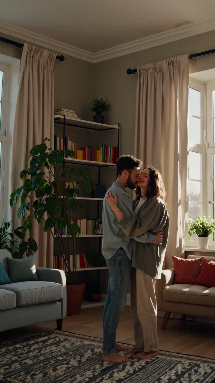 A cozy living room scene with a couple standing close, captured from a side angle