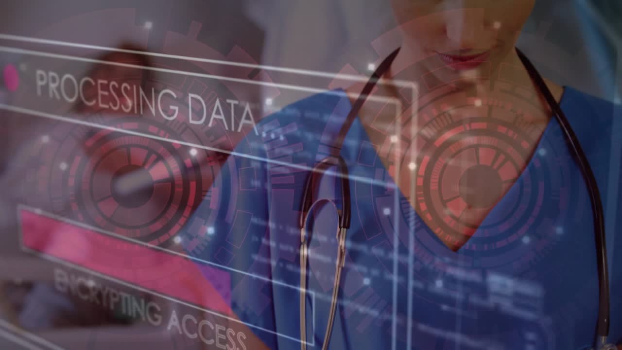 Animation of data processing over caucasian female doctor smiling