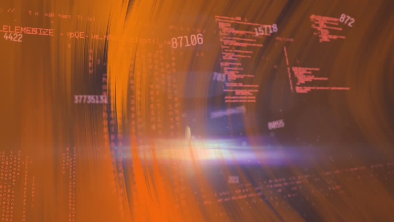 animación de números y procesamiento de datos sobre senderos de luz naranja.