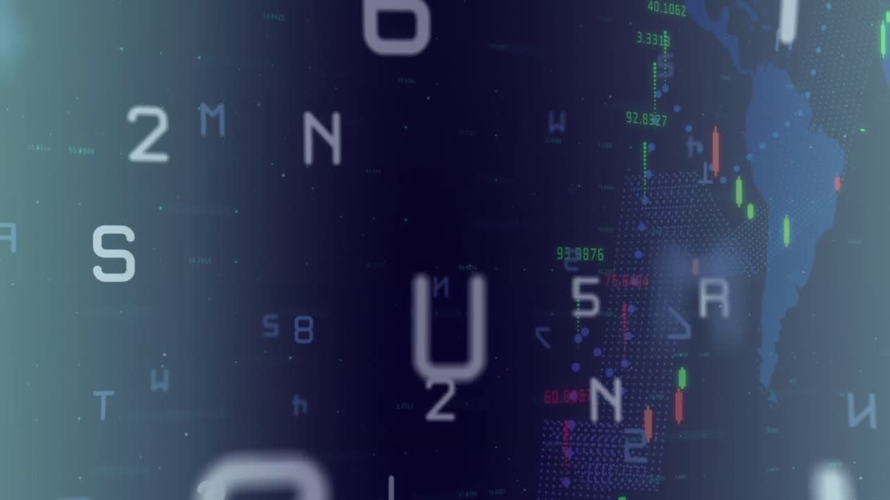Animation of letters, numbers and multiple graphs with changing numbers over map