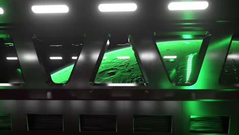 futuristic spaceship corridor with alien planet view