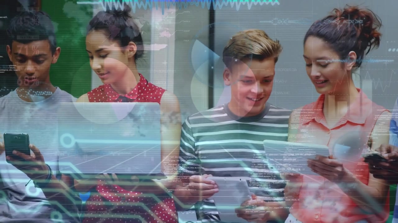 Animation of american flag over business people using electronic devices