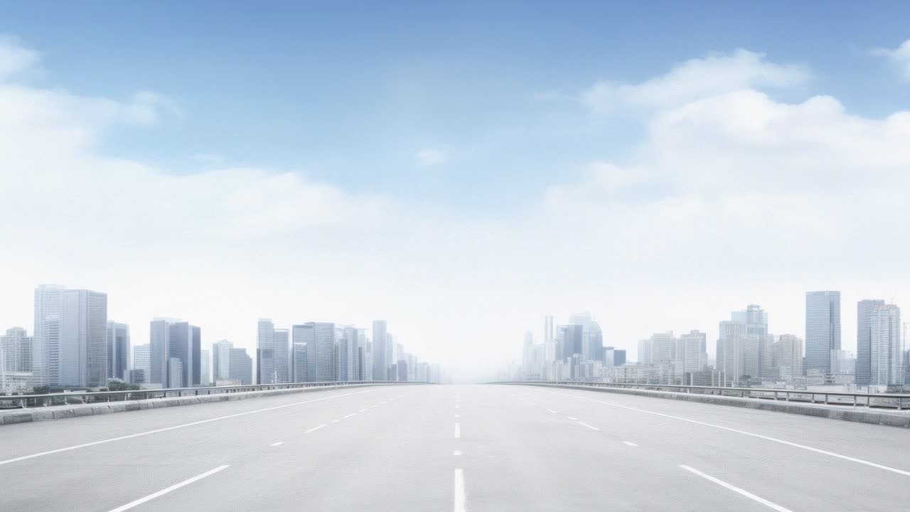 Dynamic low-angle video of an empty urban highway flanked by modern skyscrapers, capturing a sense