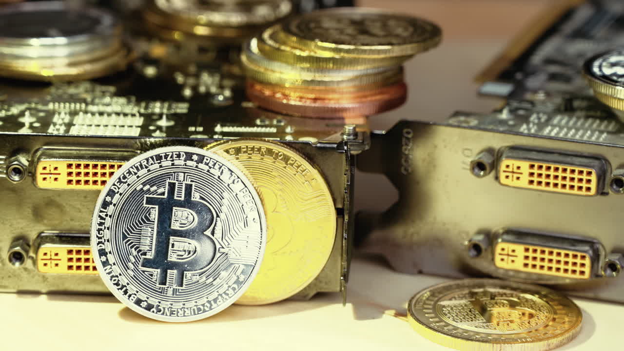 Golden and silver bitcoin crypto money with old dollar coins, close up, graphic video card mining