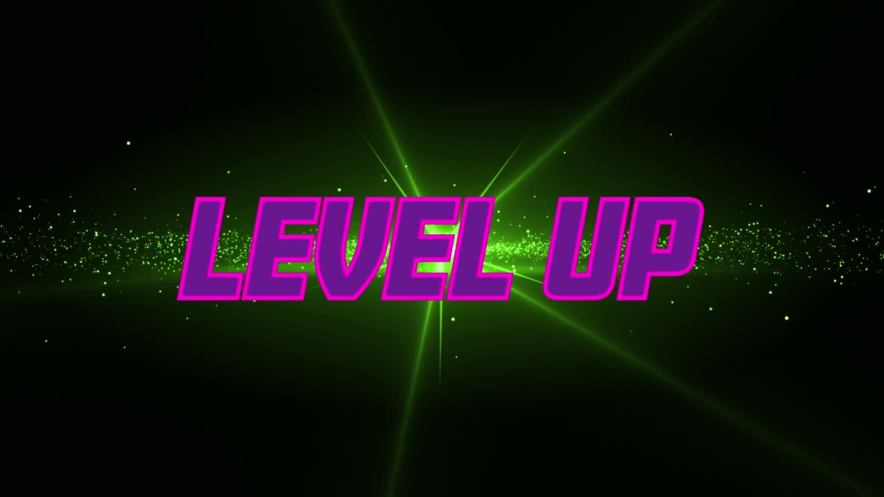 Digital animation of purple level up text against green shining star on black background