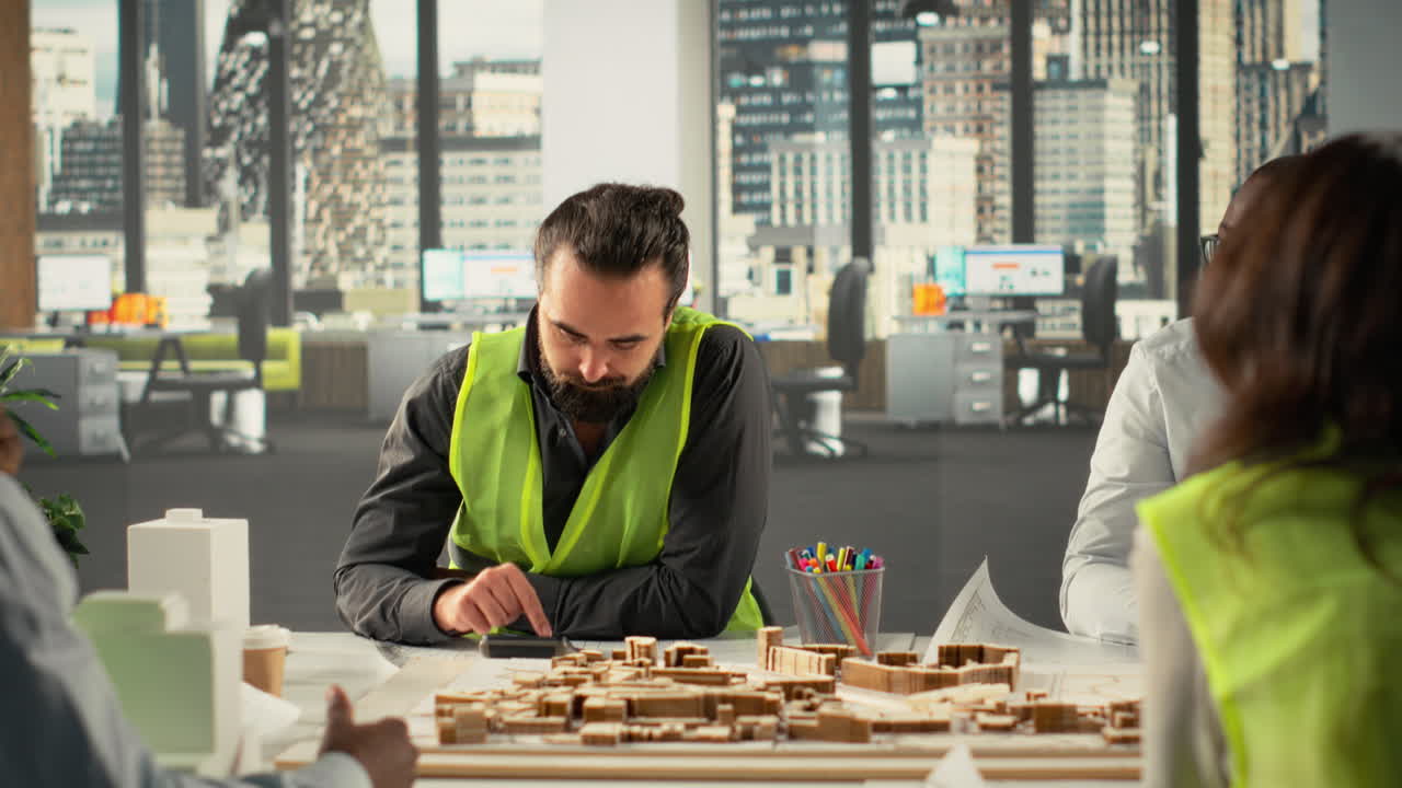 Architectural experts and contractors discussing construction and property design