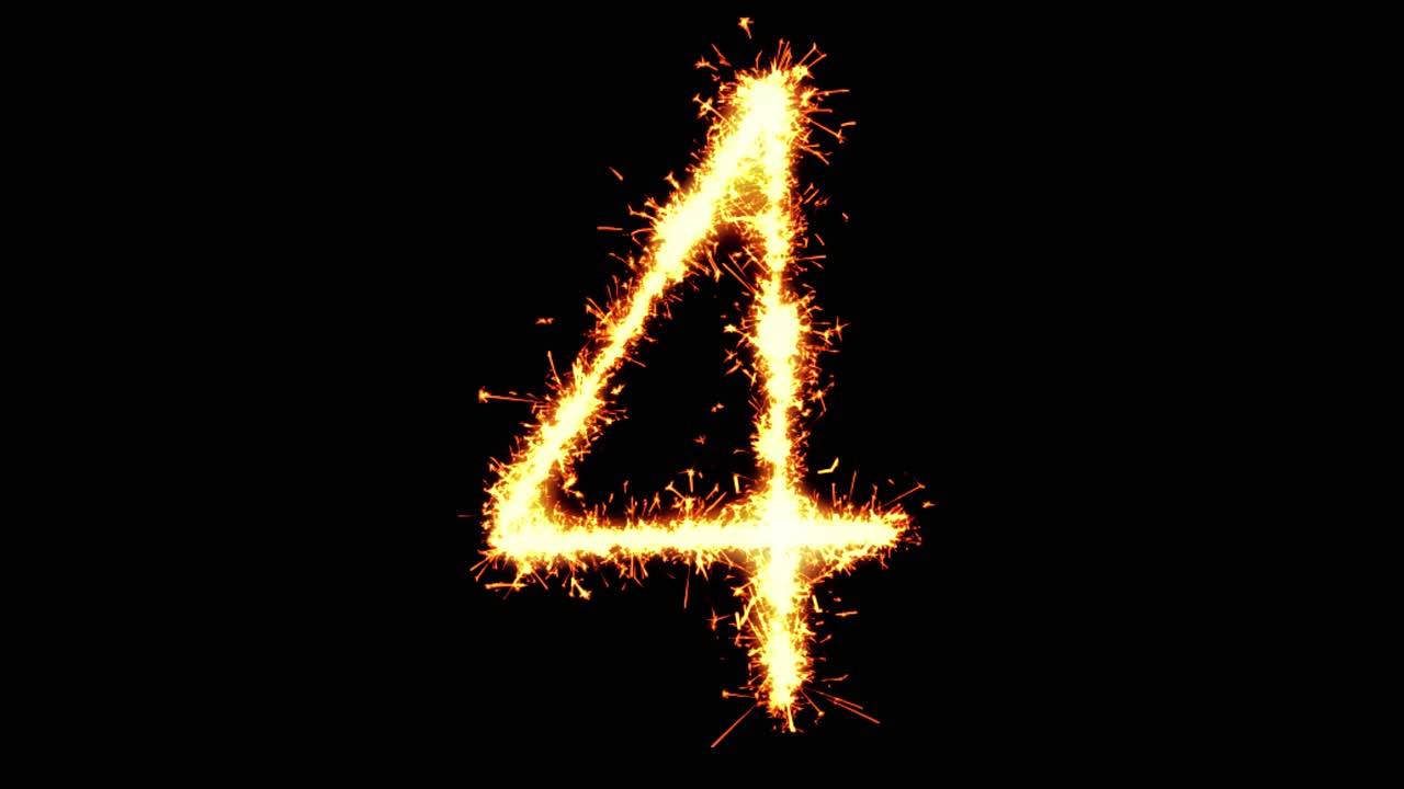 nummer 4 text funkeln schreiben mit glitzer funkeln partikel feuerwerk auf schwarzem 4k schleife hintergrund