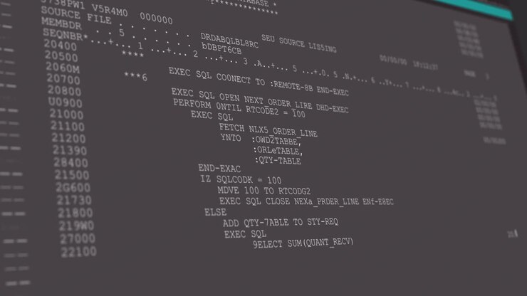 Digital animation af et computerinterface med databehandling og kodning.