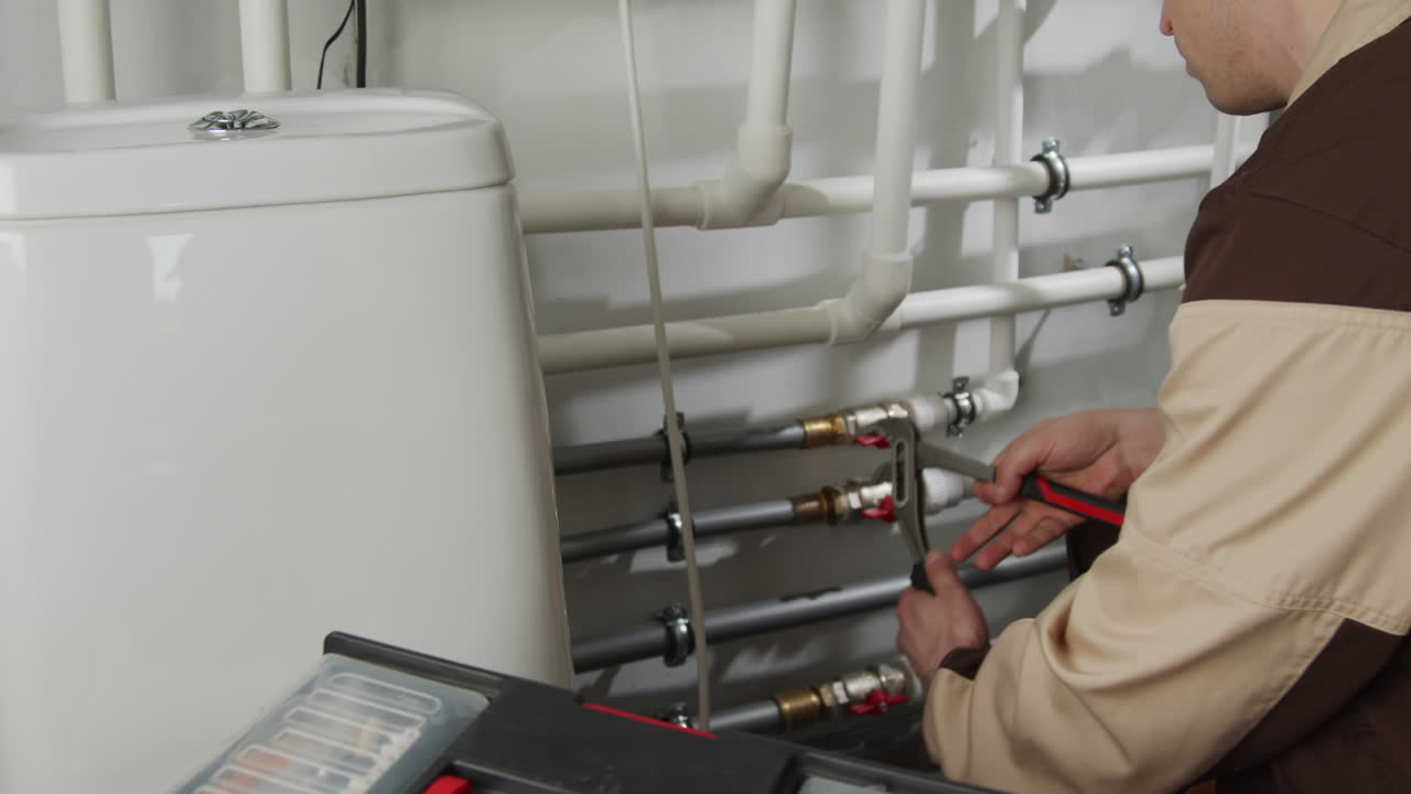 Plumber Using Tool and Fixing Pipes