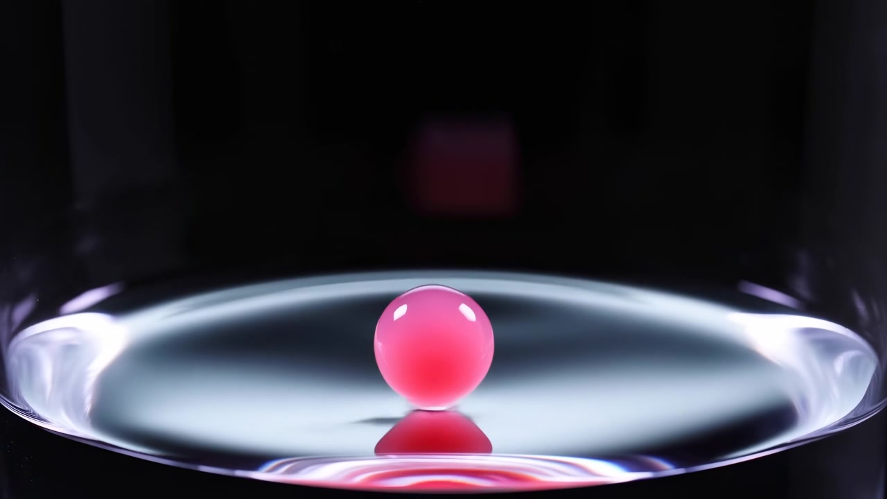 En levende pink bold hopper og lander på en mørk reflekterende vandoverflade, fanget fra et top-down perspektiv, ideel til kommercielle produktdemonstrationer og undervisningsindhold