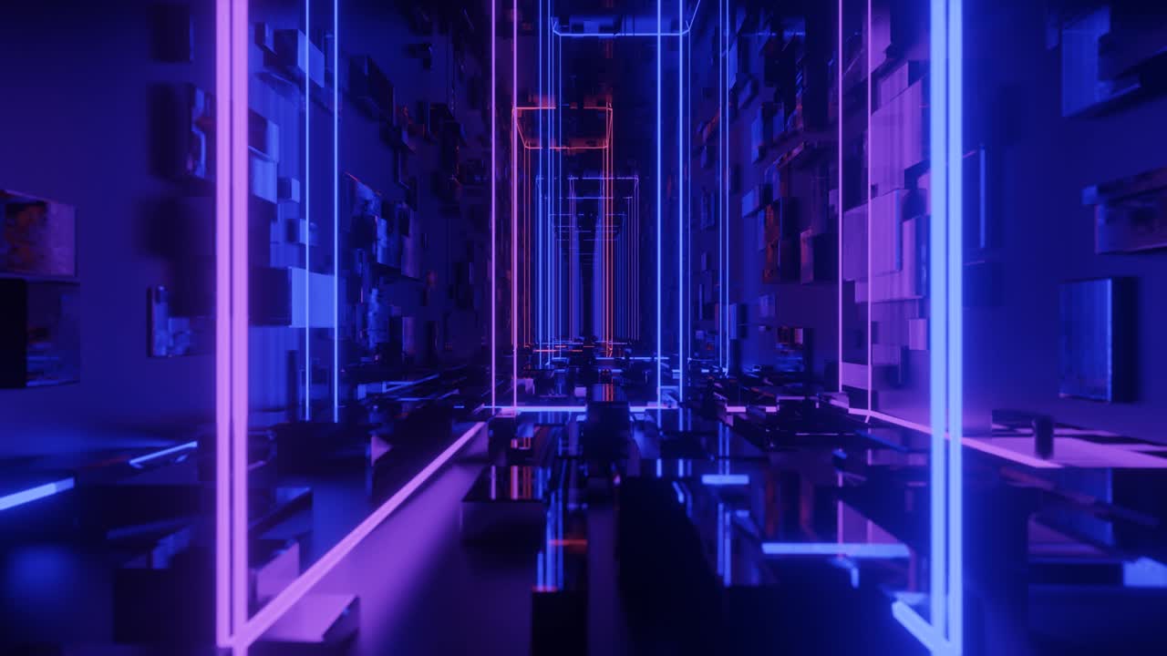 하이테크 네온 공상 과학 터널: 트렌디 네온 반이는 선이 거울 터널에서 모양과 구조를 형성합니다. 기술 사이버 공간을 날아갑니다. 3d 루프 무결 4k 배경. 박거리는 3d 객체 나이트 클럽.