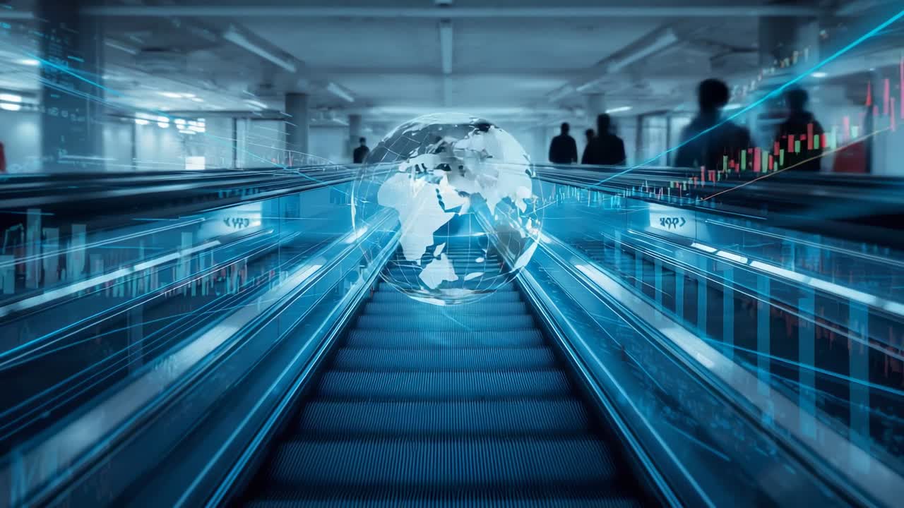 Emerging globe rotating above escalator at hub, showing data, commuters in business casual moving