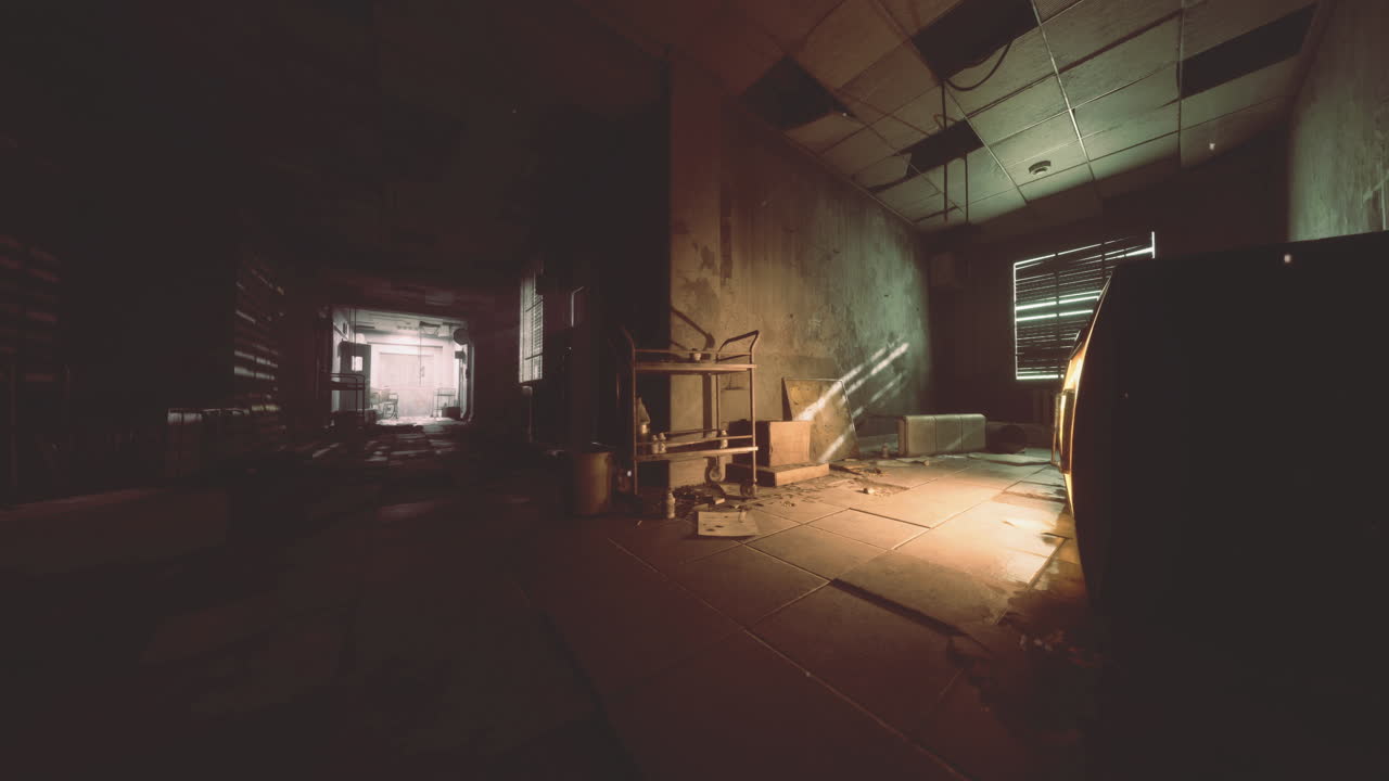Exploring a dimly lit abandoned room with scattered debris and eerie shadows