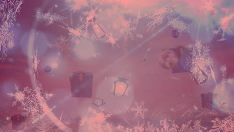 animation of christmas presents, balls and snow falling over bokeh background with red filter