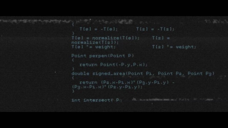 Animation af databehandling og optagelse med glitch på en sort skærm i baggrunden.