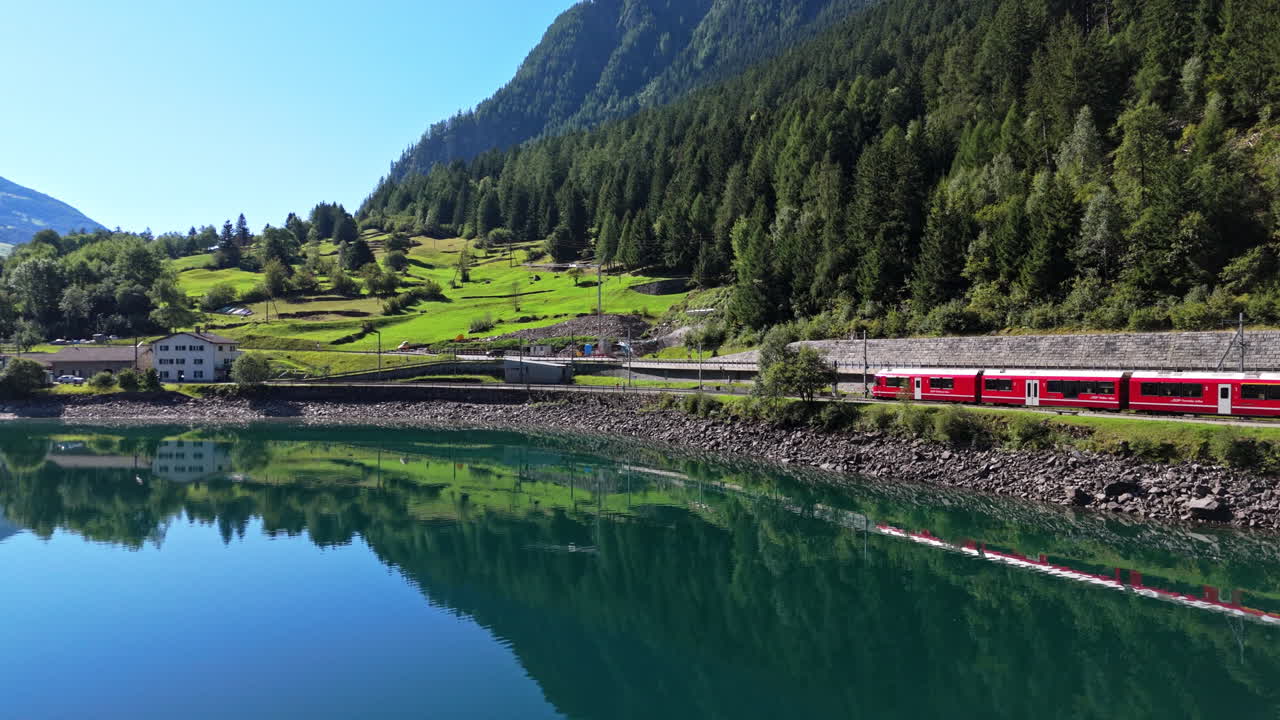 Scenic Lake with Red Train and Mountain Views