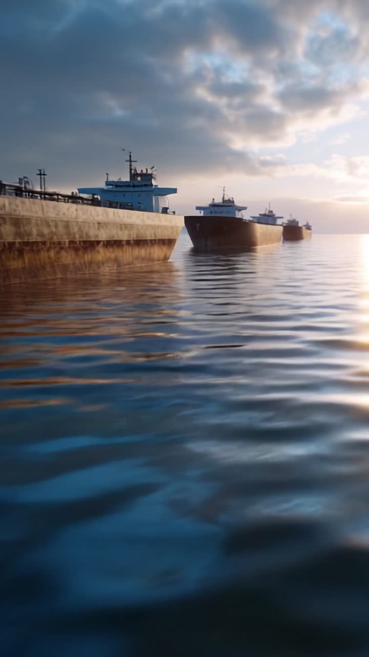 Vista majestuosa de varios buques de carga anclados tranquilamente al atardecer, sus reflejos deslumbrantes en la serena superficie del agua bajo un dramático cielo nublado.