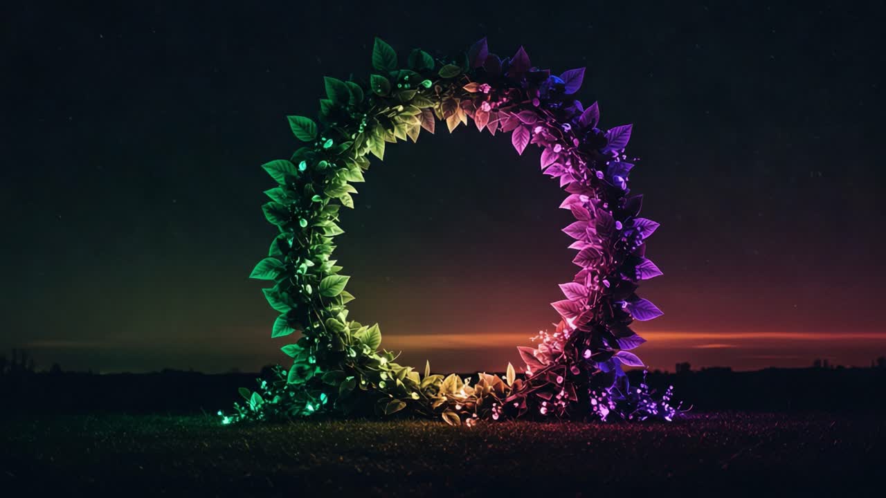 A Stunning Circular Floral Display Illuminated by Vibrant Lights Against a Starry Night Sky in a Serene Landscape, Capturing the Beauty of Nature and Celebration