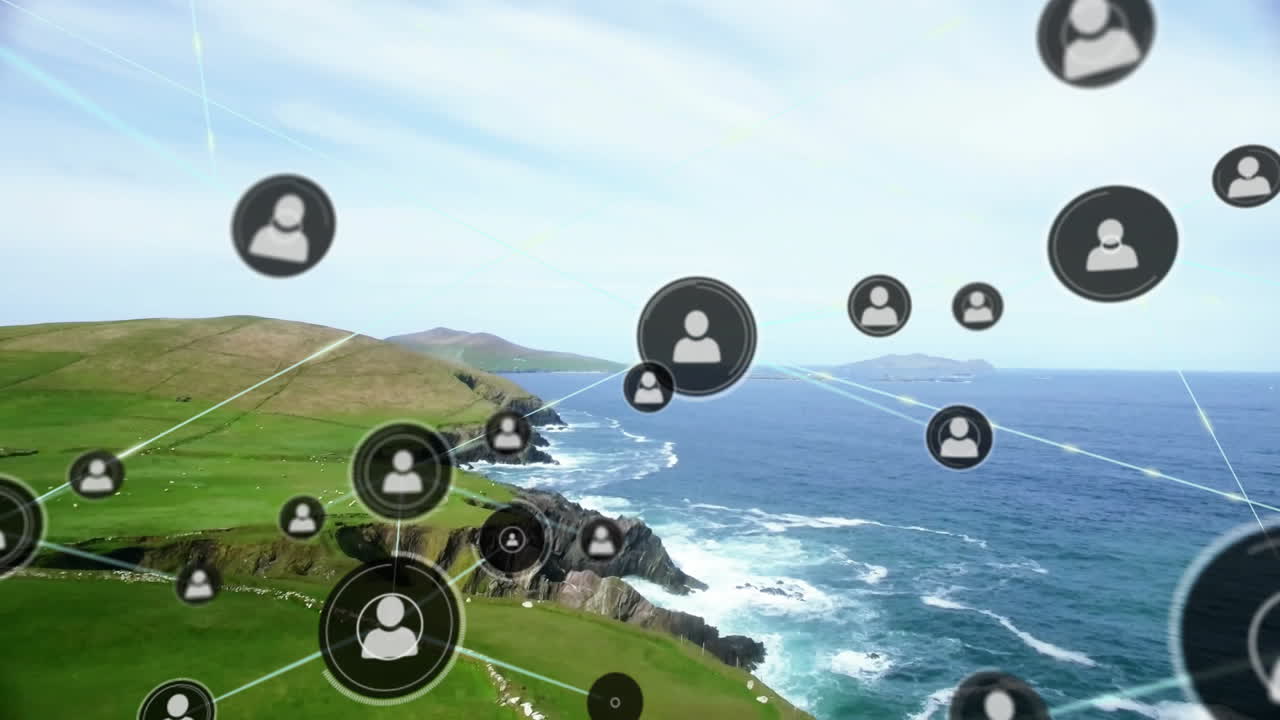 풍경 위의 아이콘으로 연결된 네트워크의 애니메이션