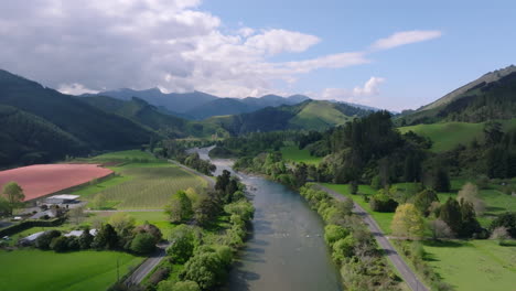 ariel shot flying over the motueka river in new zealand south island