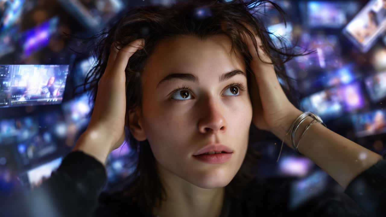 A young woman experiences an overwhelming wave of digital media, images flickering around her as she contemplates the impact of technology and information overload on her emotional state and mental clarity