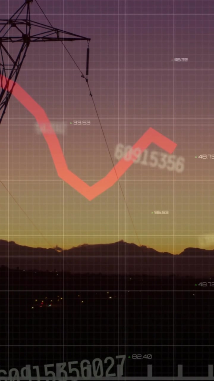 Animation of financial data processing over electricity pylons on field
