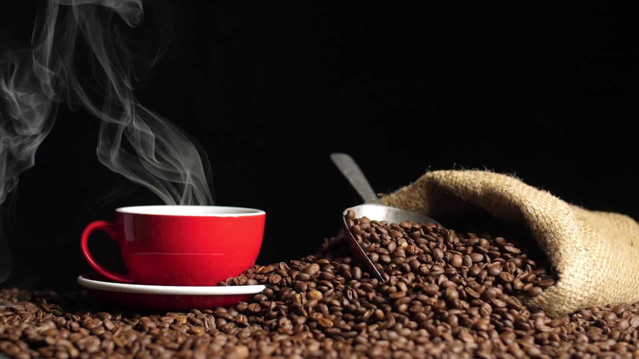 Hot Coffee In Coffee Cup And Sack With Beans, Slow Motion