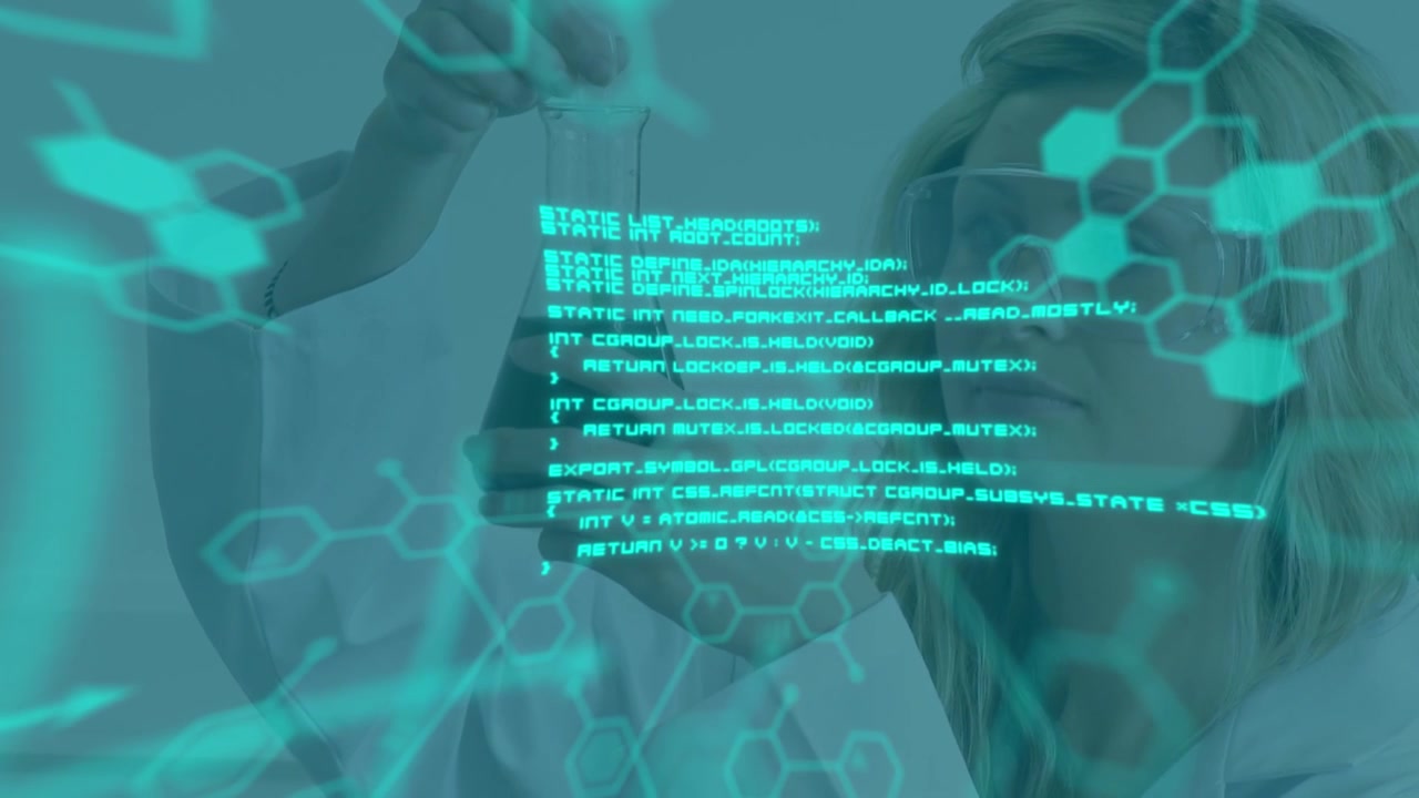 Animation of data processing and chemical formula over caucasian female scientist