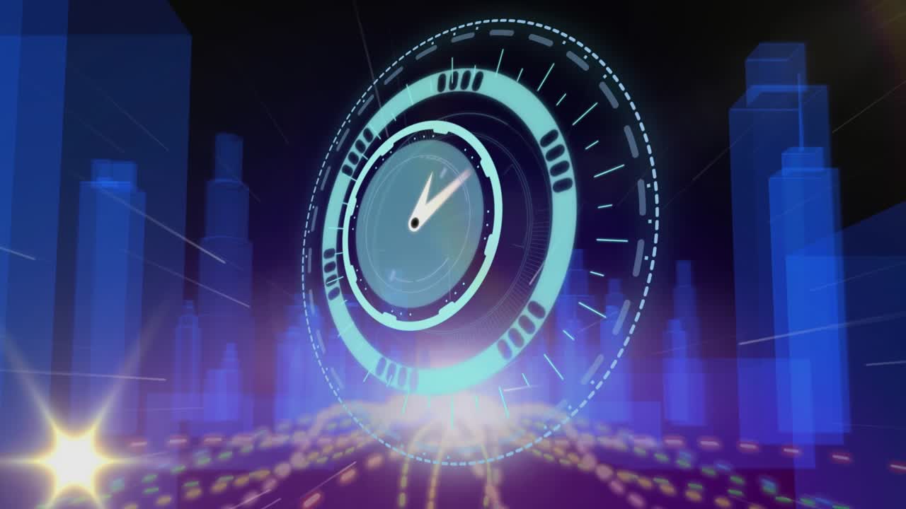 Animation of clock moving over digital cityscape