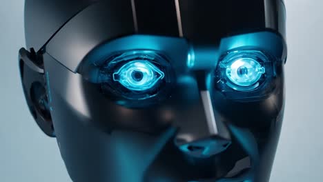 close-up of a futuristic robot's face with blue eyes