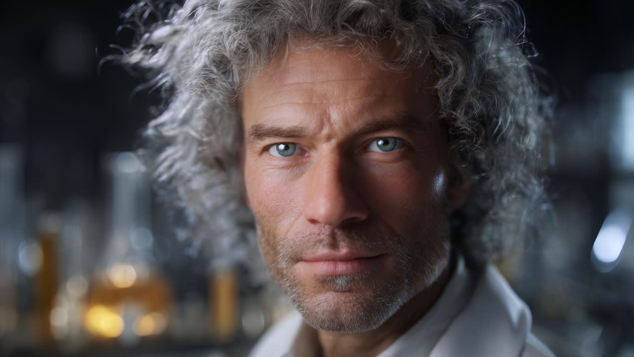 Nærbillede af en eftertænksom, karismatisk mand med krøllet hår, der viser intense blå øjne og et seriøst udtryk, sat mod en sløret laboratoriebaggrund
