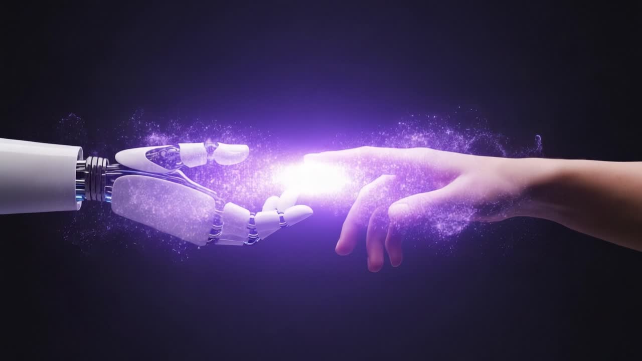 The Interconnection of Humanity and Technology: A Robotic and Human Hand Reaching Towards Each Other in a Symbolic Gesture of Creation and Innovation