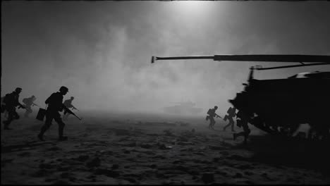 dramatic monochrome silhouettes of soldiers running across a battlefield, accompanied by a tank, under a strong, possibly artificial, light source, creating a tense and cinematic atmosphere