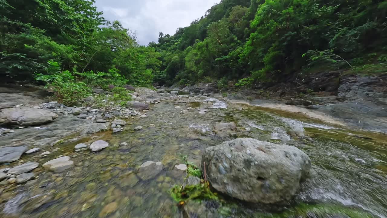Drone FPV over transparent water of river flowing in wilderness landscape, Las Yayitas Dominican Republic