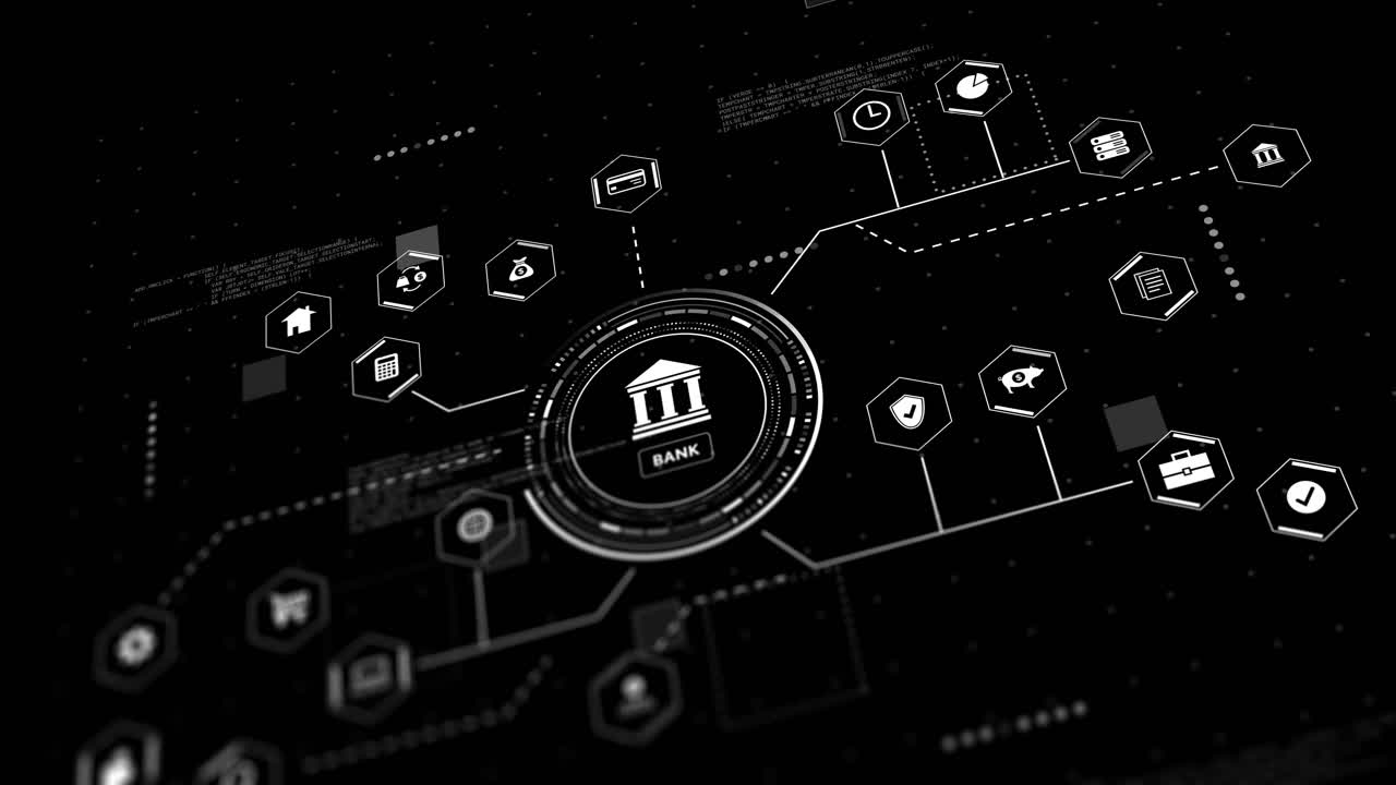animación de iconos bancarios y comerciales con procesamiento de datos sobre fondo negro