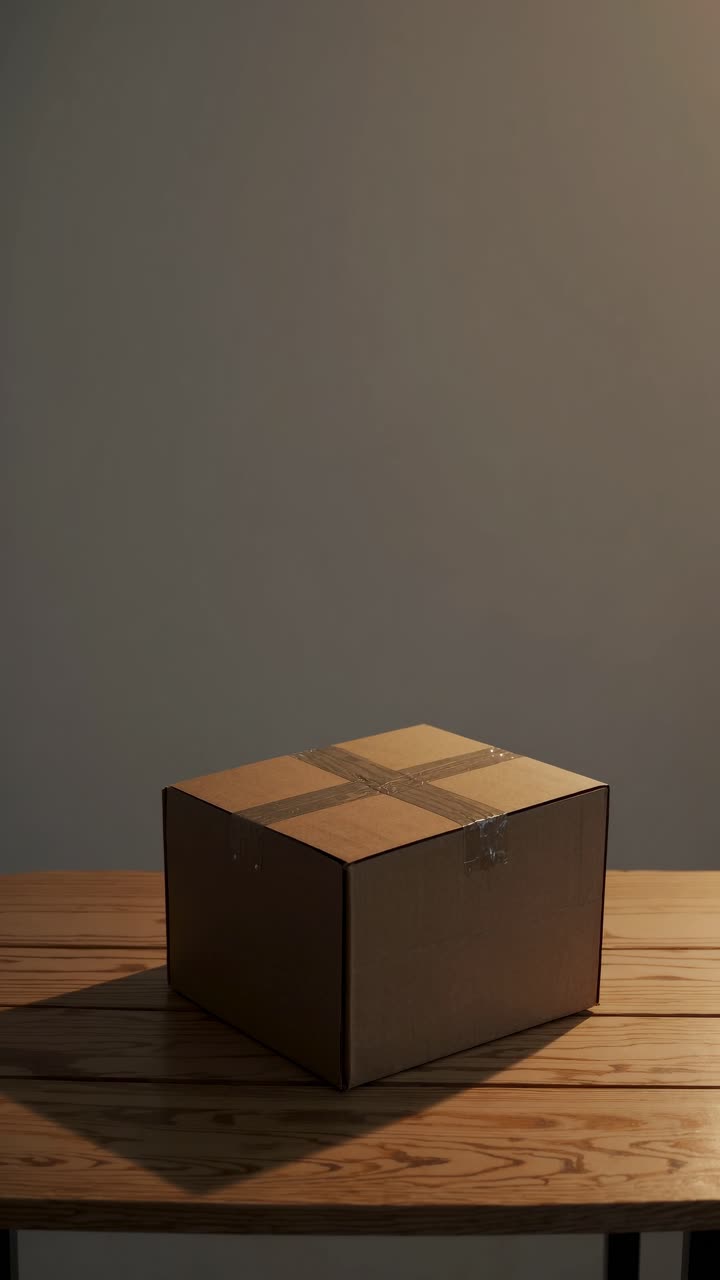 A cardboard box on a wooden table, captured from a slightly elevated angle