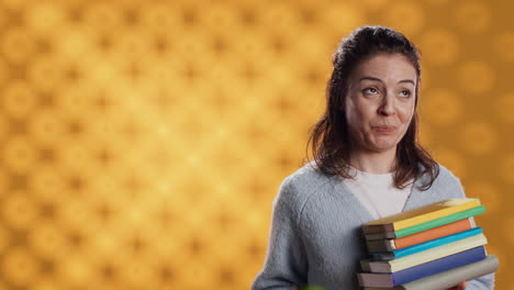 mujer con una pila de libros en las manos lanzando manzanas en el aire, divirtiéndose