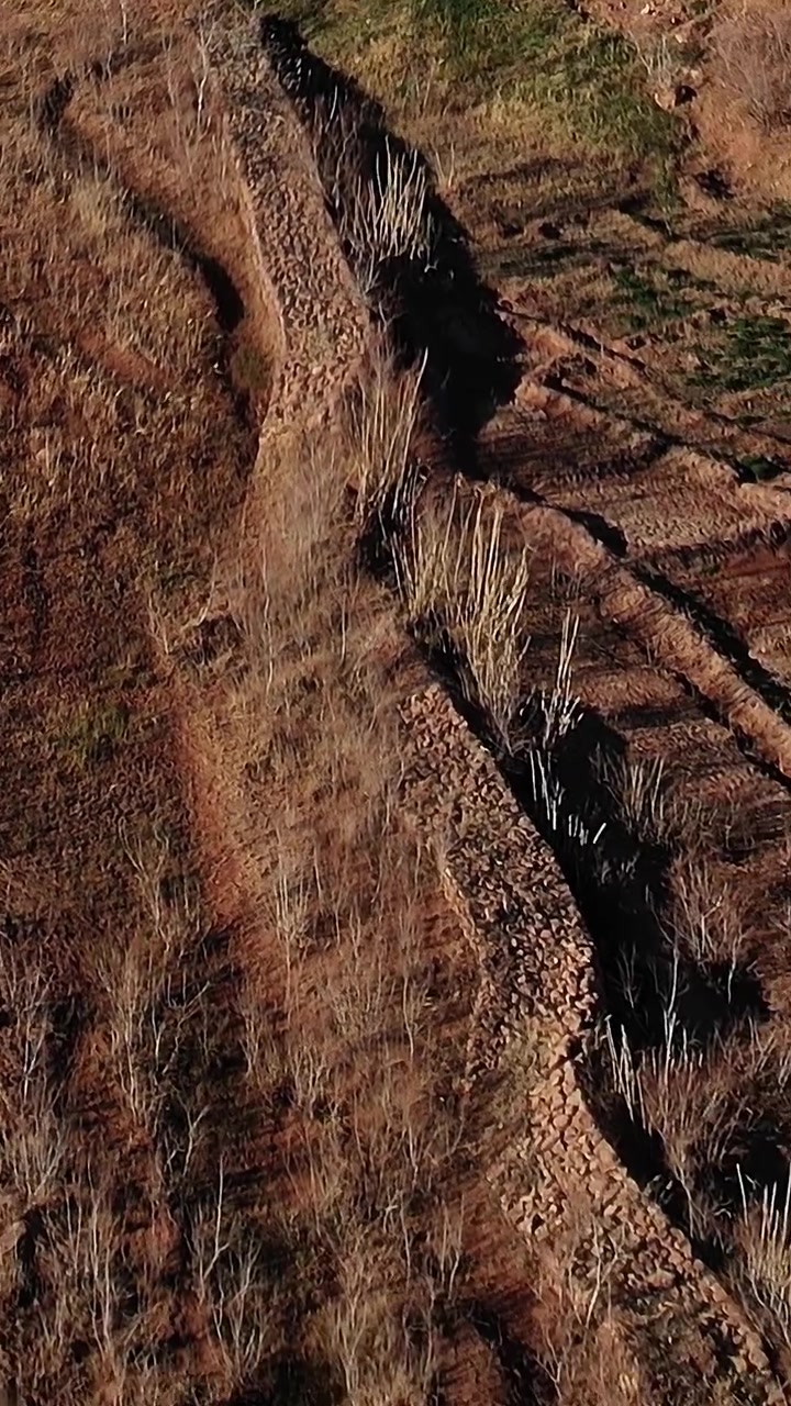 Veduta aerea di un letto di fiume asciutto in Marocco con palme sullo sfondo